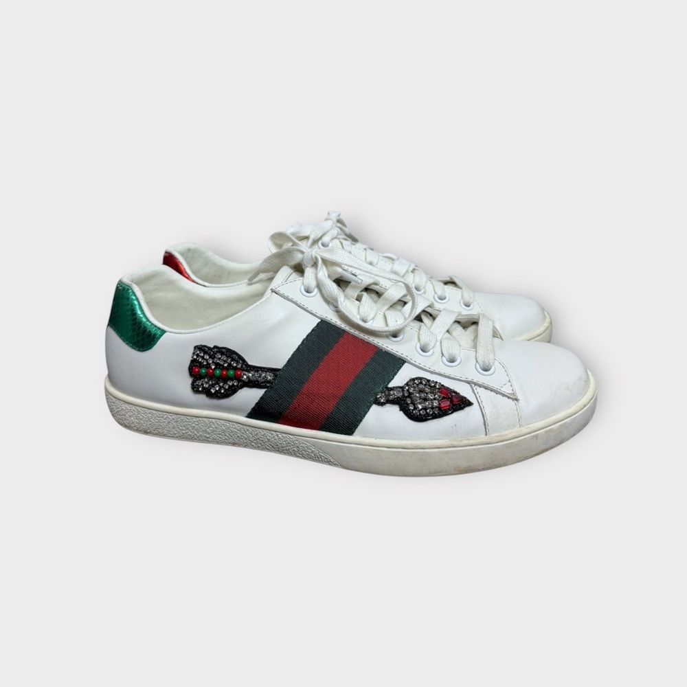Gucci Leather Ace White Embroidered Sequin Arrow Trainer Sneakers - Picture 2 of 15
